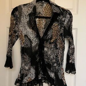 NY Collection Black and Brown Animal Print Blouse